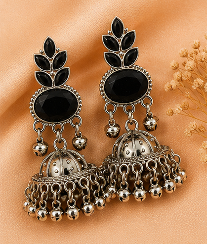 Elegant Oxidised Gold Jhumka Earrings with Stone Work - Image 9