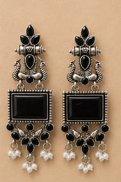 Premium Oxidised Stone Studded Pearl Drop Earrings