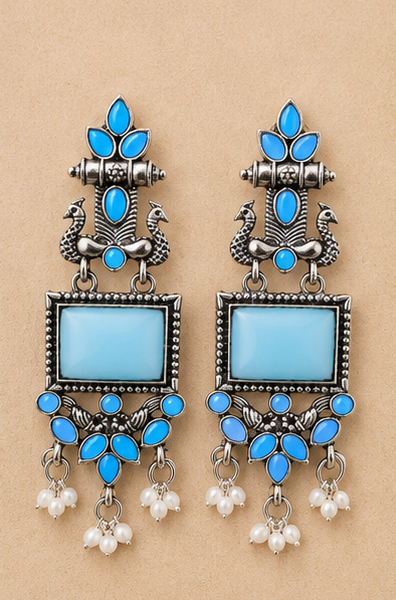 Premium Oxidised Stone Studded Pearl Drop Earrings - Image 6