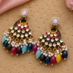 Antique Gold Plated Multicolor Stone Chandbali Earrings with Pearl Beads