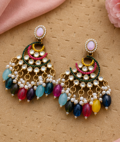 Antique Gold Plated Multicolor Stone Chandbali Earrings with Pearl Beads