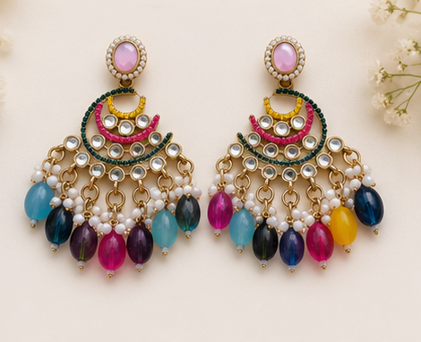 Antique Gold Plated Multicolor Stone Chandbali Earrings with Pearl Beads - Image 4