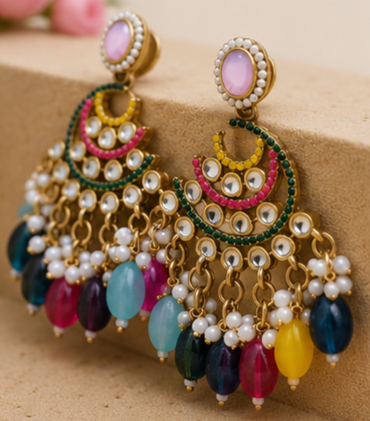 Antique Gold Plated Multicolor Stone Chandbali Earrings with Pearl Beads - Image 3
