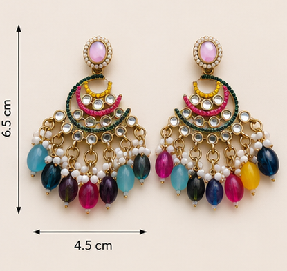 Antique Gold Plated Multicolor Stone Chandbali Earrings with Pearl Beads - Image 2