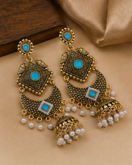 Traditional Antique Gold Plated Pearl Chandbalis - Image 2