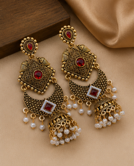 Traditional Antique Gold Plated Pearl Chandbalis