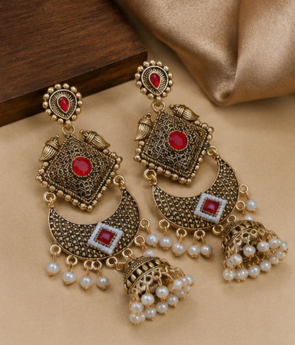 Traditional Antique Gold Plated Pearl Chandbalis - Image 3