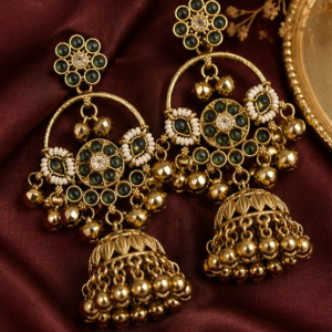 Antique Gold Plated Stone Studded Traditional Jhumka Earrings