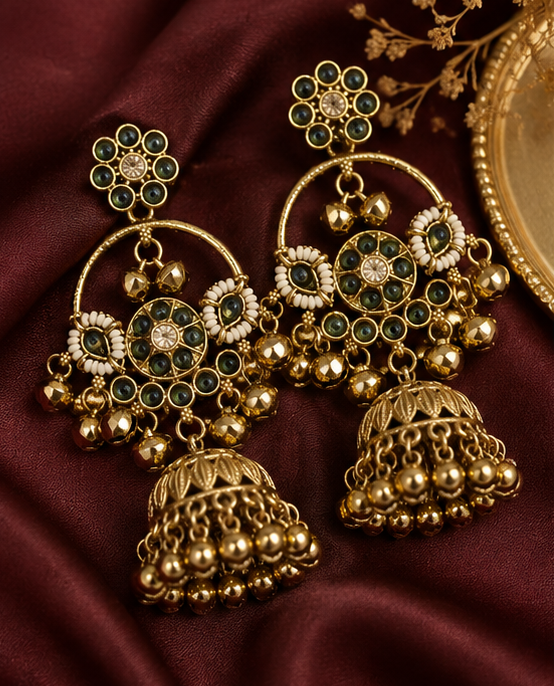 Antique Gold Plated Stone Studded Traditional Jhumka Earrings