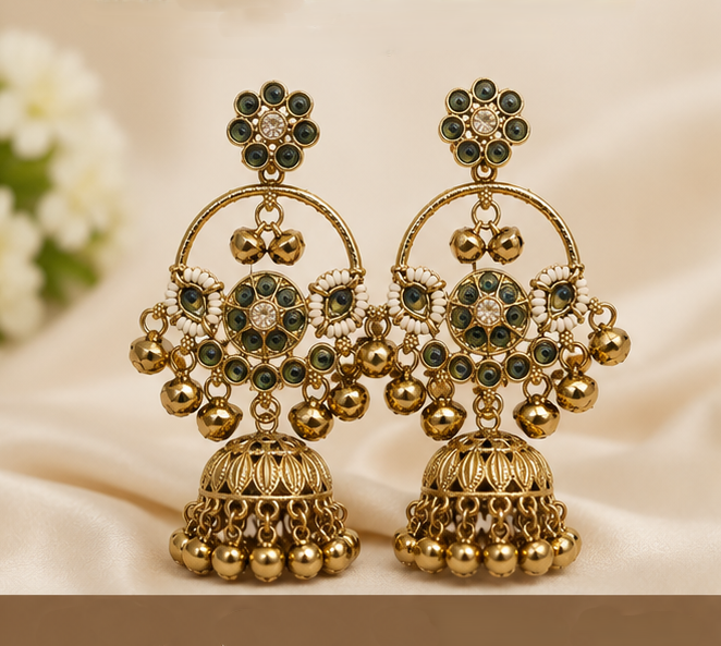 Antique Gold Plated Stone Studded Traditional Jhumka Earrings - Image 2