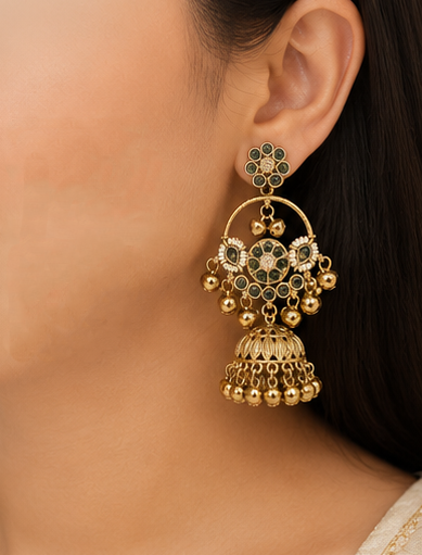 Antique Gold Plated Stone Studded Traditional Jhumka Earrings - Image 3