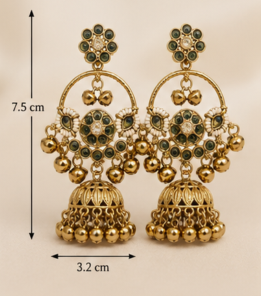 Antique Gold Plated Stone Studded Traditional Jhumka Earrings - Image 4