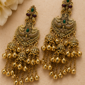 Antique Gold Plated Long Chandbali Jhumka Earrings