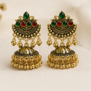 Antique Gold Plated Red Green Stone Jhumka Earrings