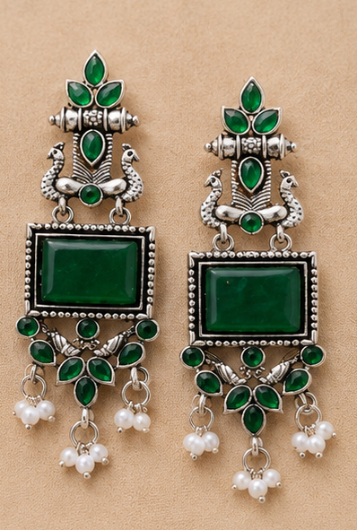 Premium Oxidised Stone Studded Pearl Drop Earrings - Image 5