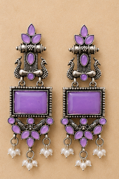 Premium Oxidised Stone Studded Pearl Drop Earrings - Image 2