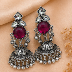 Oxidised Silver Traditional Jhumka Earrings with Ghungroo & Stone