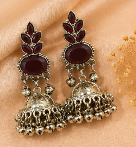 Elegant Oxidised Gold Jhumka Earrings with Stone Work - Image 2
