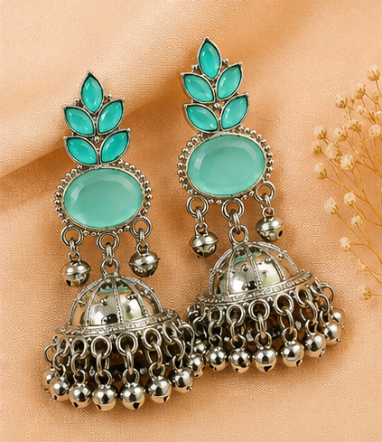 Elegant Oxidised Gold Jhumka Earrings with Stone Work - Image 4