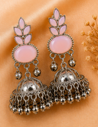 Elegant Oxidised Gold Jhumka Earrings with Stone Work - Image 8