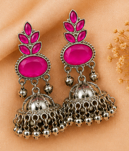 Elegant Oxidised Gold Jhumka Earrings with Stone Work - Image 5