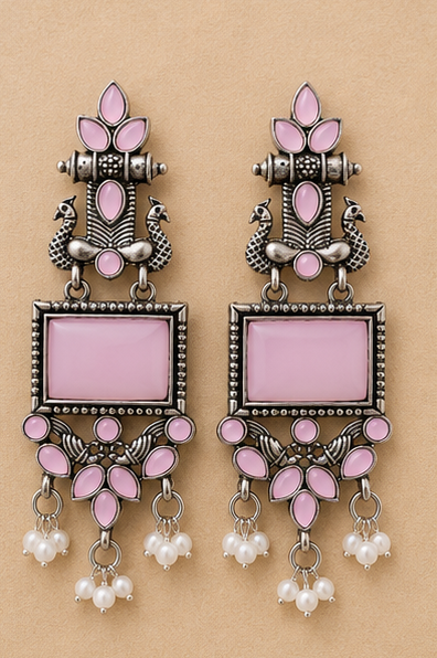 Premium Oxidised Stone Studded Pearl Drop Earrings - Image 3