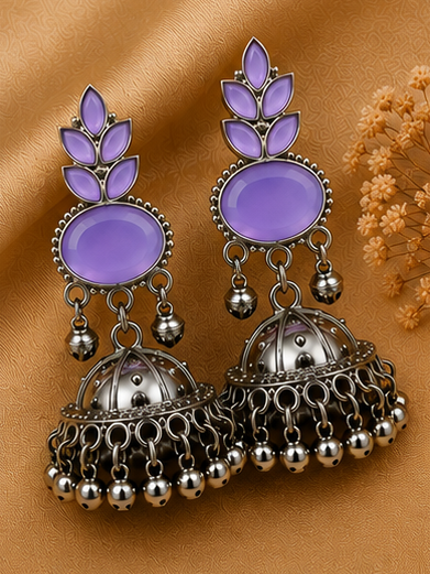 Elegant Oxidised Gold Jhumka Earrings with Stone Work - Image 6