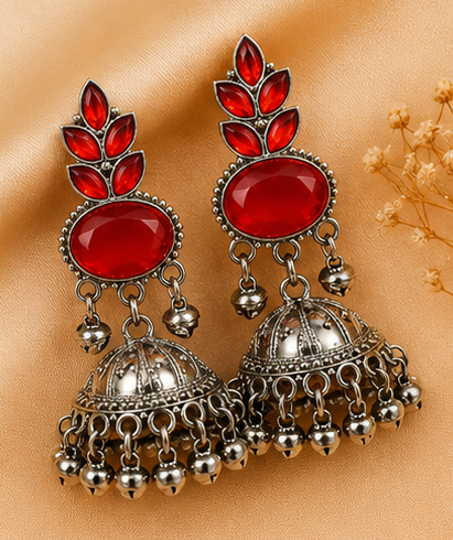 Elegant Oxidised Gold Jhumka Earrings with Stone Work - Image 7