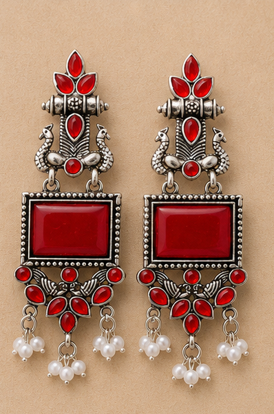 Premium Oxidised Stone Studded Pearl Drop Earrings - Image 4
