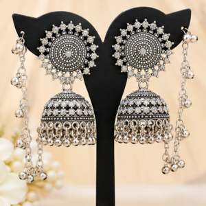 Oxidized Silver Mirror Stone Jhumka Earrings