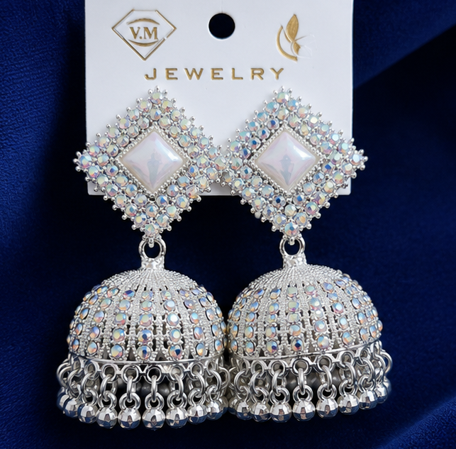 Silver-Toned Stone Work Jhumka - Image 2