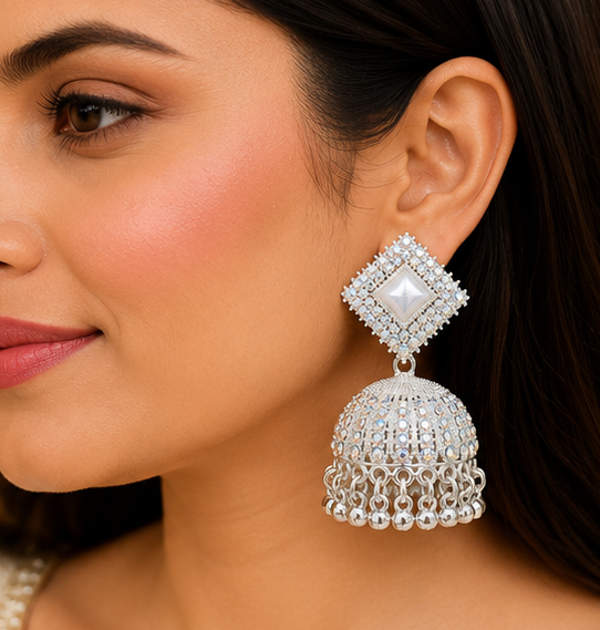 Silver-Toned Stone Work Jhumka - Image 4