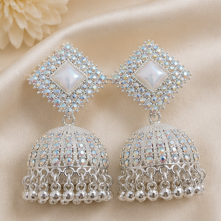 Silver-Toned Stone Work Jhumka
