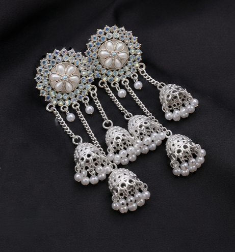 Silver-Plated Floral Jhumka Danglers - Image 2