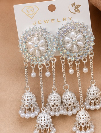 Silver-Plated Floral Jhumka Danglers - Image 3