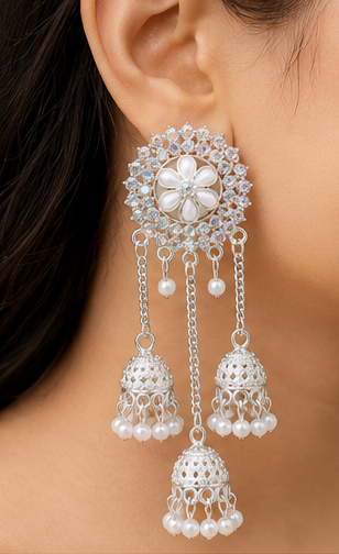 Silver-Plated Floral Jhumka Danglers - Image 4