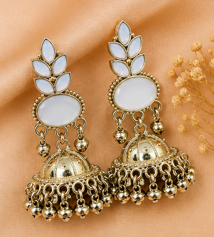 Elegant Oxidised Gold Jhumka Earrings with Stone Work - Image 3