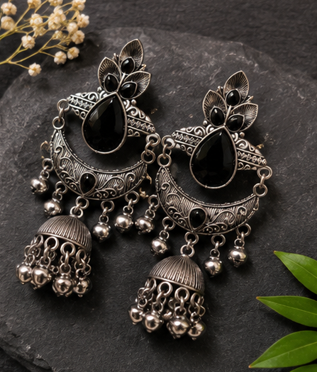 Oxidised Silver-Tone Stone Studded Jhumka Earrings - Image 6