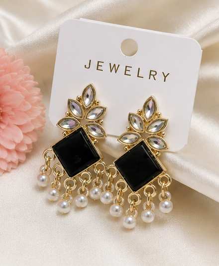 Elegant Gold-Plated Stone & Pearl Drop Earrings - Image 3