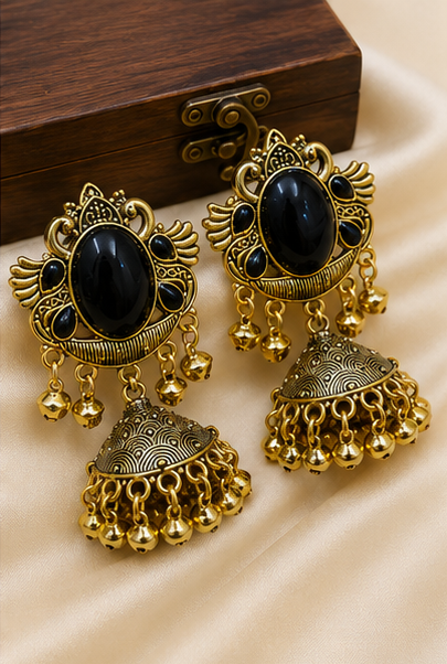 Antique Gold Plated Stone Jhumka Earrings - Image 2