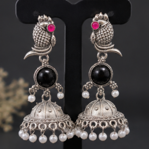 Antique Silver Oxidised Peacock Jhumka Earrings with Pearl Drops