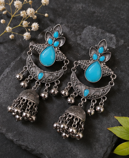 Oxidised Silver-Tone Stone Studded Jhumka Earrings - Image 3