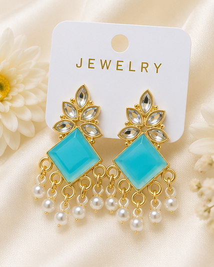 Elegant Gold-Plated Stone & Pearl Drop Earrings - Image 11