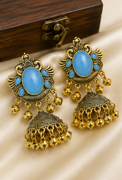 Antique Gold Plated Stone Jhumka Earrings - Image 6