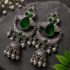 Oxidised Silver-Tone Stone Studded Jhumka Earrings
