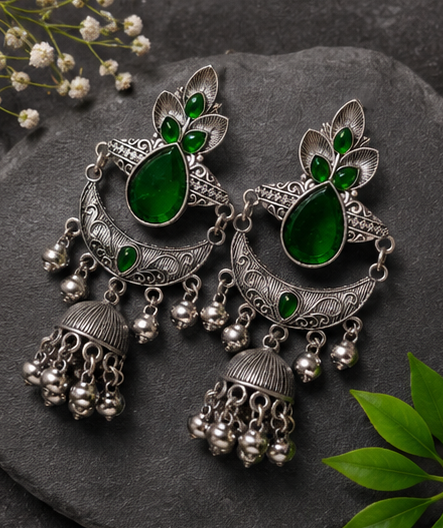 Oxidised Silver-Tone Stone Studded Jhumka Earrings
