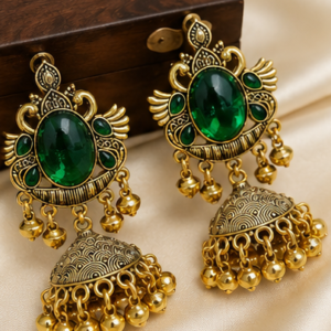 Antique Gold Plated Stone Jhumka Earrings