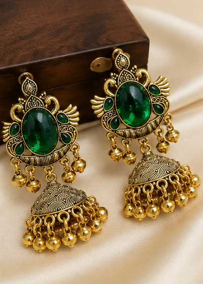 Antique Gold Plated Stone Jhumka Earrings