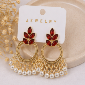 Golden-Tone Leaf Design Pearl Drop Earrings