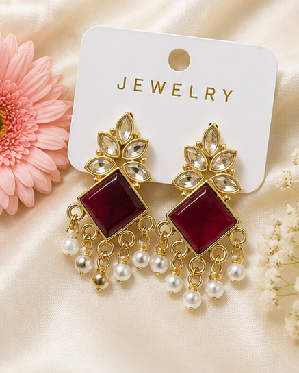 Elegant Gold-Plated Stone & Pearl Drop Earrings - Image 5
